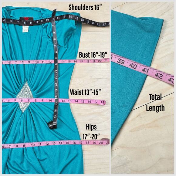 Vintage 1970s Teal Sleeveless Ruched Mini Cocktail Disco Dress - Picture 7 of 8